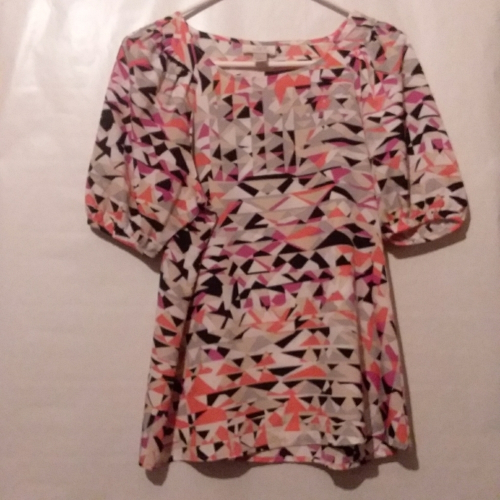 LOFT Colorful Geometric Short Sleeve Top XSmall Career Work ~ Orange Black Gray